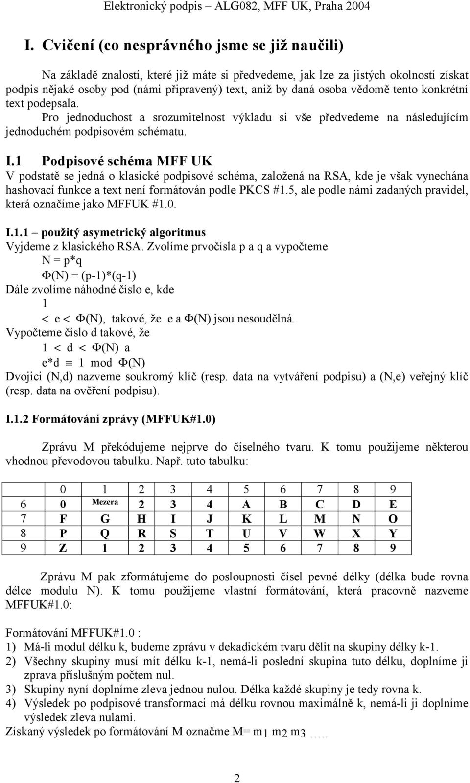 1 Podpisové schéma MFF UK V podstatě se jedná o klasické podpisové schéma, založená na RSA, kde je však vynechána hashovací funkce a text není formátován podle PKCS #1.