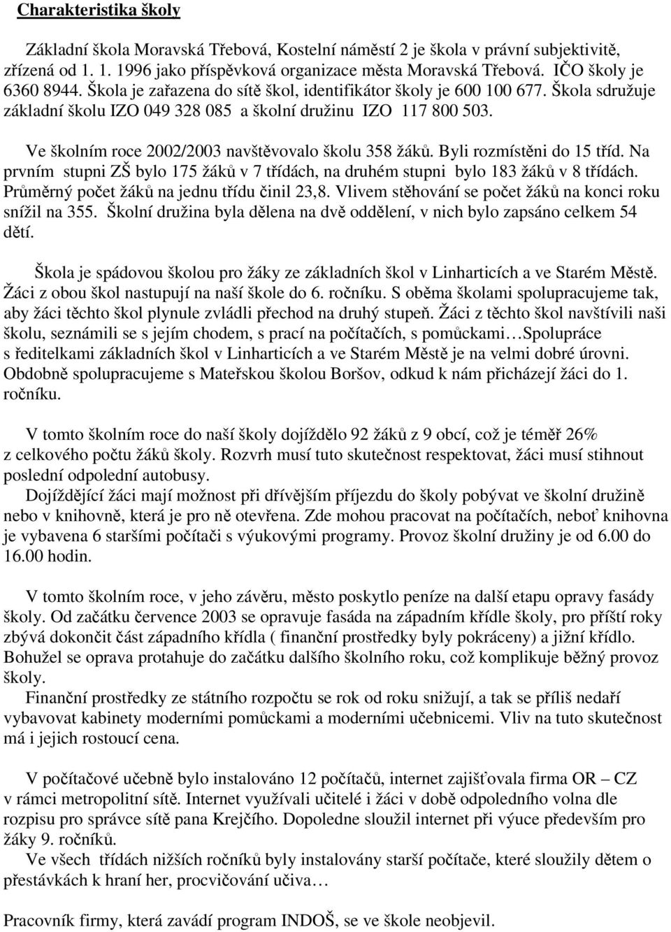 Byli rozmístni do 15 tíd. Na prvním stupni ZŠ bylo 175 žák v 7 tídách, na druhém stupni bylo 183 žák v 8 tídách. Prmrný poet žák na jednu tídu inil 23,8.