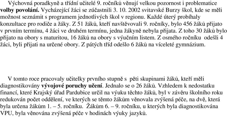 roníky, bylo 456 žák pijato v prvním termínu, 4 žáci ve druhém termínu, jedna žákyn nebyla pijata. Z toho 30 žák bylo pijato na obory s maturitou, 16 žák na obory s výuním listem.