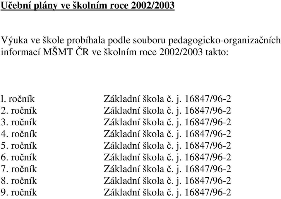 roník Základní škola. j. 16847/96-2 4. roník Základní škola. j. 16847/96-2 5. roník Základní škola. j. 16847/96-2 6.