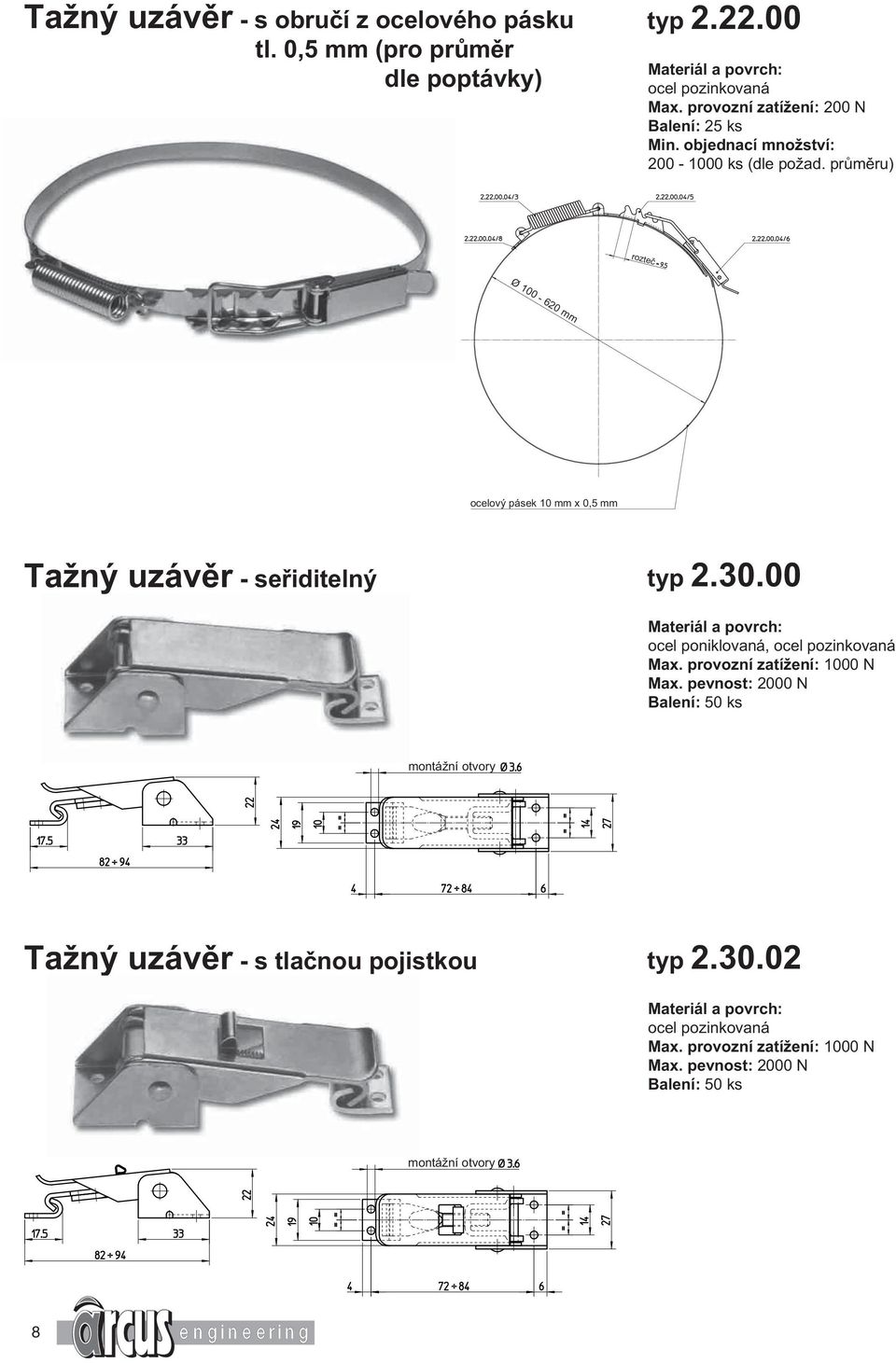 průměru) rozteč Ø 100-620 mm ocelový pásek 10 mm x 0,5 mm Tažný uzávěr - seřiditelný typ 2.30.