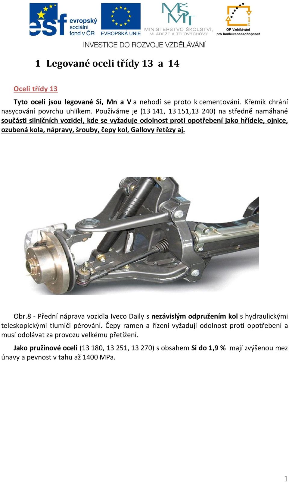 šrouby, čepy kol, Gallovy řetězy aj. Obr.8 - Přední náprava vozidla Iveco Daily s nezávislým odpružením kol s hydraulickými teleskopickými tlumiči pérování.