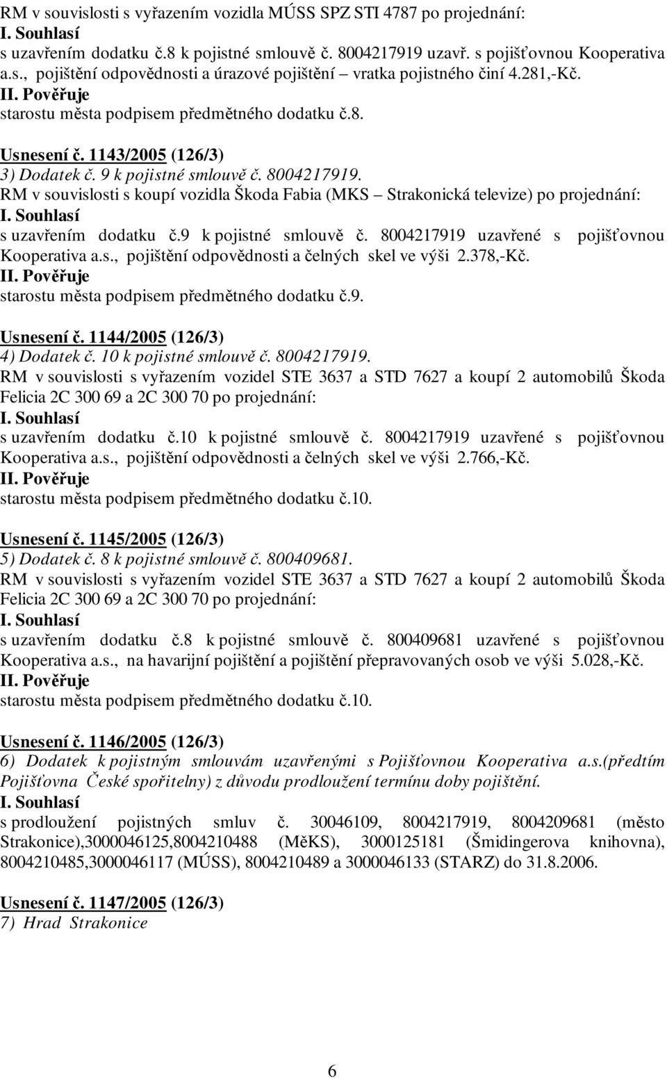 RM v souvislosti s koupí vozidla Škoda Fabia (MKS Strakonická televize) po projednání: s uzavřením dodatku č.9 k pojistné smlouvě č. 8004217919 uzavřené s pojišťovnou Kooperativa a.s., pojištění odpovědnosti a čelných skel ve výši 2.