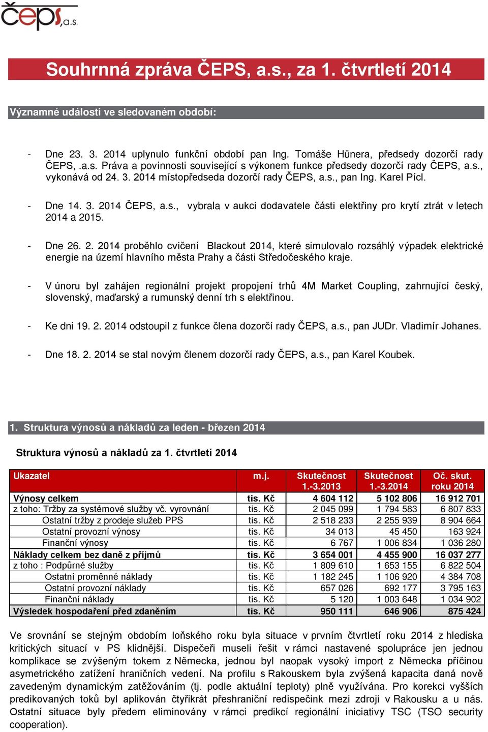 - Dne 26. 2. 2014 proběhlo cvičení Blackout 2014, které simulovalo rozsáhlý výpadek elektrické energie na území hlavního města Prahy a části Středočeského kraje.