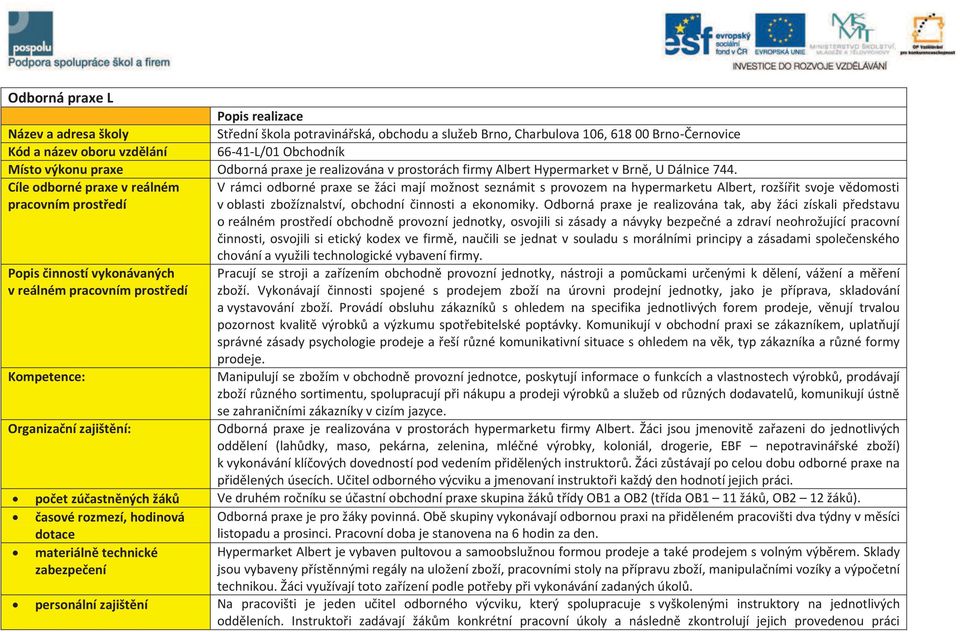 Cíle odborné praxe v reálném V rámci odborné praxe se žáci mají možnost seznámit s provozem na hypermarketu Albert, rozšířit svoje vědomosti pracovním prostředí v oblasti zbožíznalství, obchodní