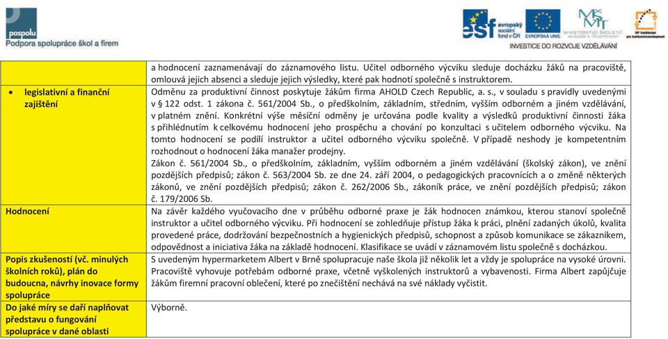 listu. Učitel odborného výcviku sleduje docházku žáků na pracoviště, omlouvá jejich absenci a sleduje jejich výsledky, které pak hodnotí společně s instruktorem.