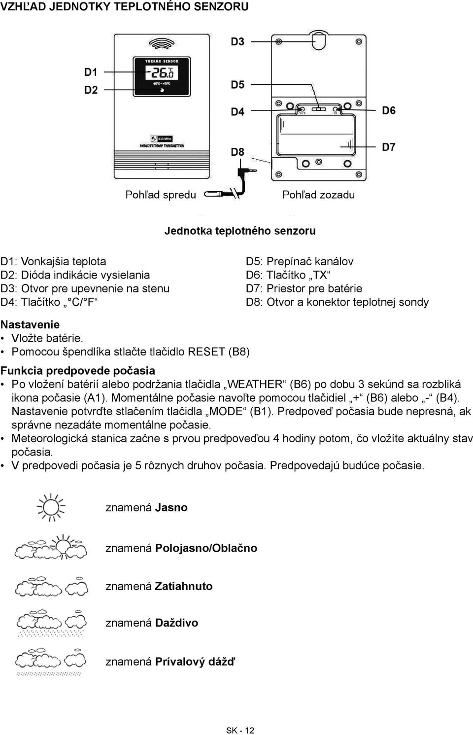 Pomocou špendlíka stlačte tlačidlo RESET (B8) Funkcia predpovede počasia Po vložení batérií alebo podržania tlačidla WEATHER (B6) po dobu 3 sekúnd sa rozbliká ikona počasie (A1).