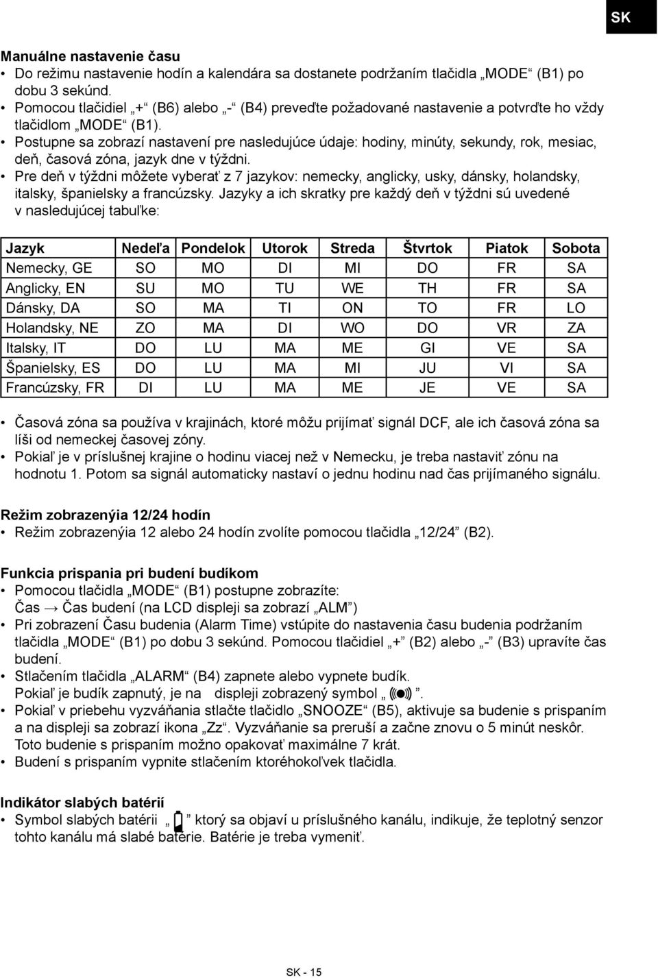 Postupne sa zobrazí nastavení pre nasledujúce údaje: hodiny, minúty, sekundy, rok, mesiac, deň, časová zóna, jazyk dne v týždni.