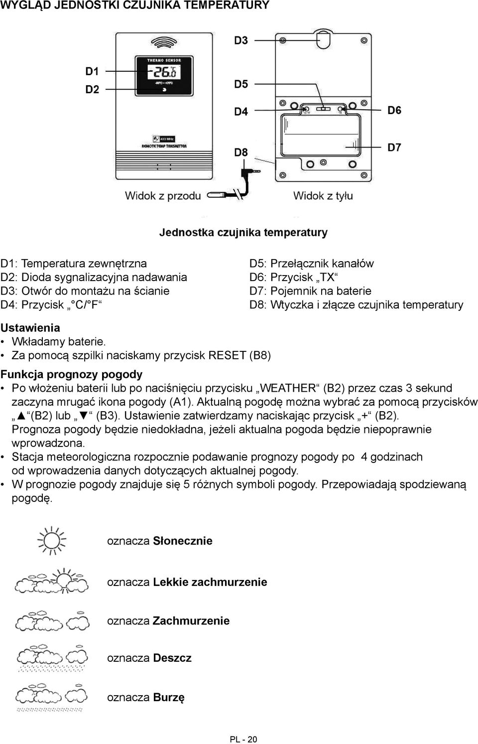 Za pomocą szpilki naciskamy przycisk RESET (B8) Funkcja prognozy pogody Po włożeniu baterii lub po naciśnięciu przycisku WEATHER (B2) przez czas 3 sekund zaczyna mrugać ikona pogody (A1).