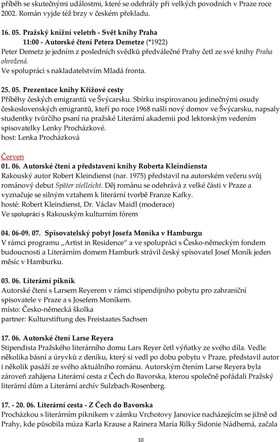 Ve spolupráci s nakladatelstvím Mladá fronta. 25. 05. Prezentace knihy Křížové cesty Příběhy českých emigrantů ve Švýcarsku.