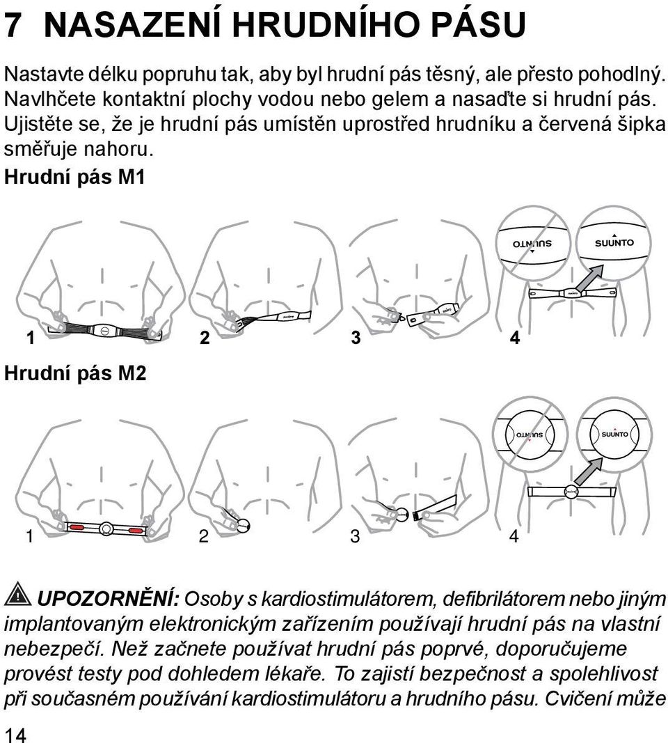 Hrudní pás M1 Hrudní pás M2 1 2 3 4 UPOZORNĚNÍ: Osoby s kardiostimulátorem, defibrilátorem nebo jiným implantovaným elektronickým zařízením používají hrudní