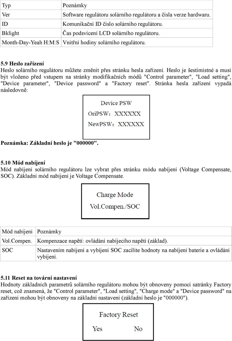 Heslo je šestimístné a musí být vloženo před vstupem na stránky modifikačních módů "Control parameter", "Load setting", "Device parameter", "Device password" a "Factory reset".