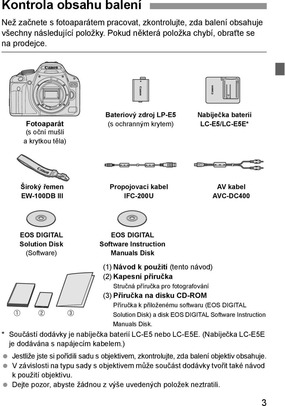 Solution Dis (Software) EOS DIGITAL Software Instruction Manuals Dis (1) Návod použití (tento návod) (2) Kapesní příruča Stručná příruča pro fotografování (3) Příruča na disu CD-ROM Příruča