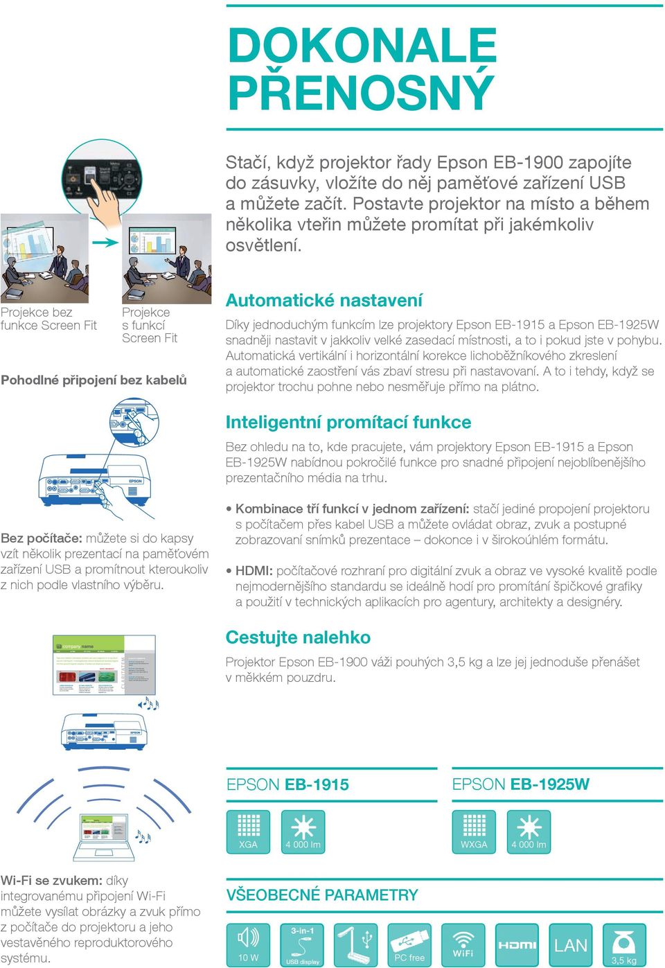 Projekce bez funkce Screen Fit Projekce s funkcí Screen Fit Pohodlné připojení bez kabelů Automatické nastavení Díky jednoduchým funkcím lze projektory Epson EB-1915 a Epson EB-1925W snadněji