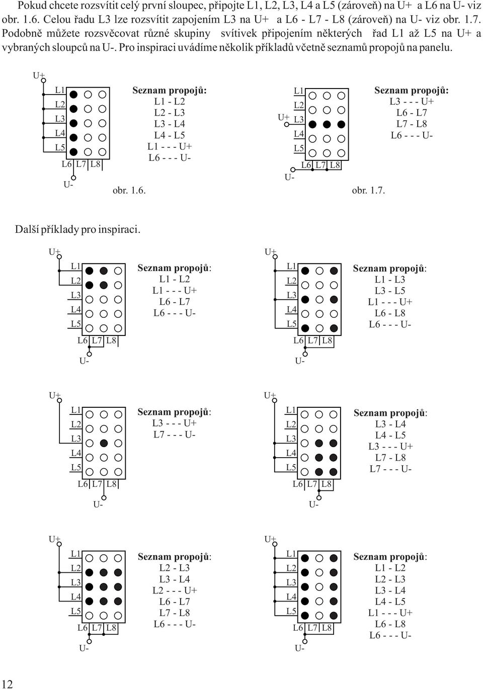 Pro inspiraci uvádíme nìkolik pøíkladù vèetnì seznamù propojù na panelu. U+ L L L U- obr... L-L L-L L- - L---U+ L---U- L L U+ L U- obr..7.