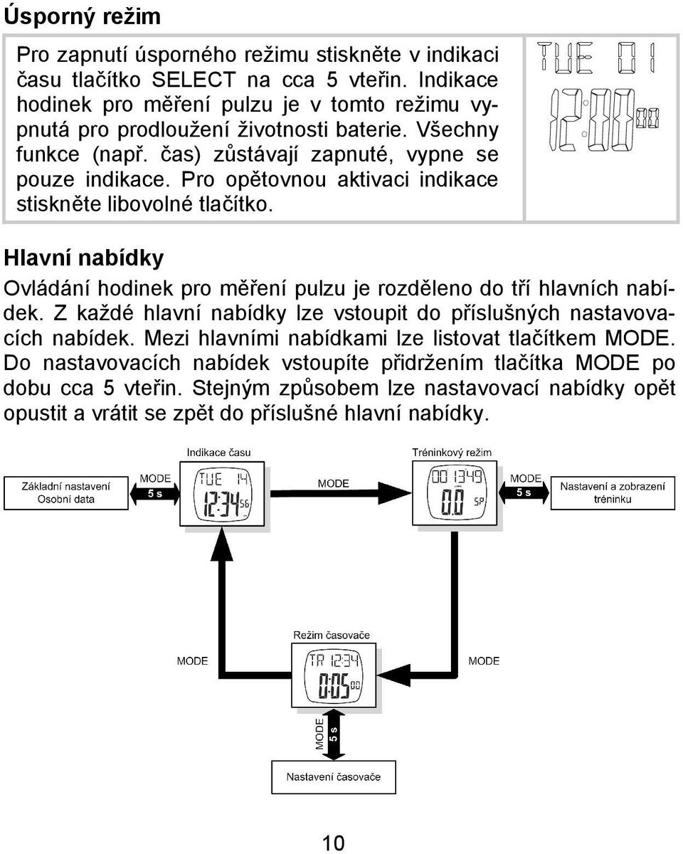 Pro opětovnou aktivaci indikace stiskněte libovolné tlačítko. Hlavní nabídky Ovládání hodinek pro měření pulzu je rozděleno do tří hlavních nabídek.