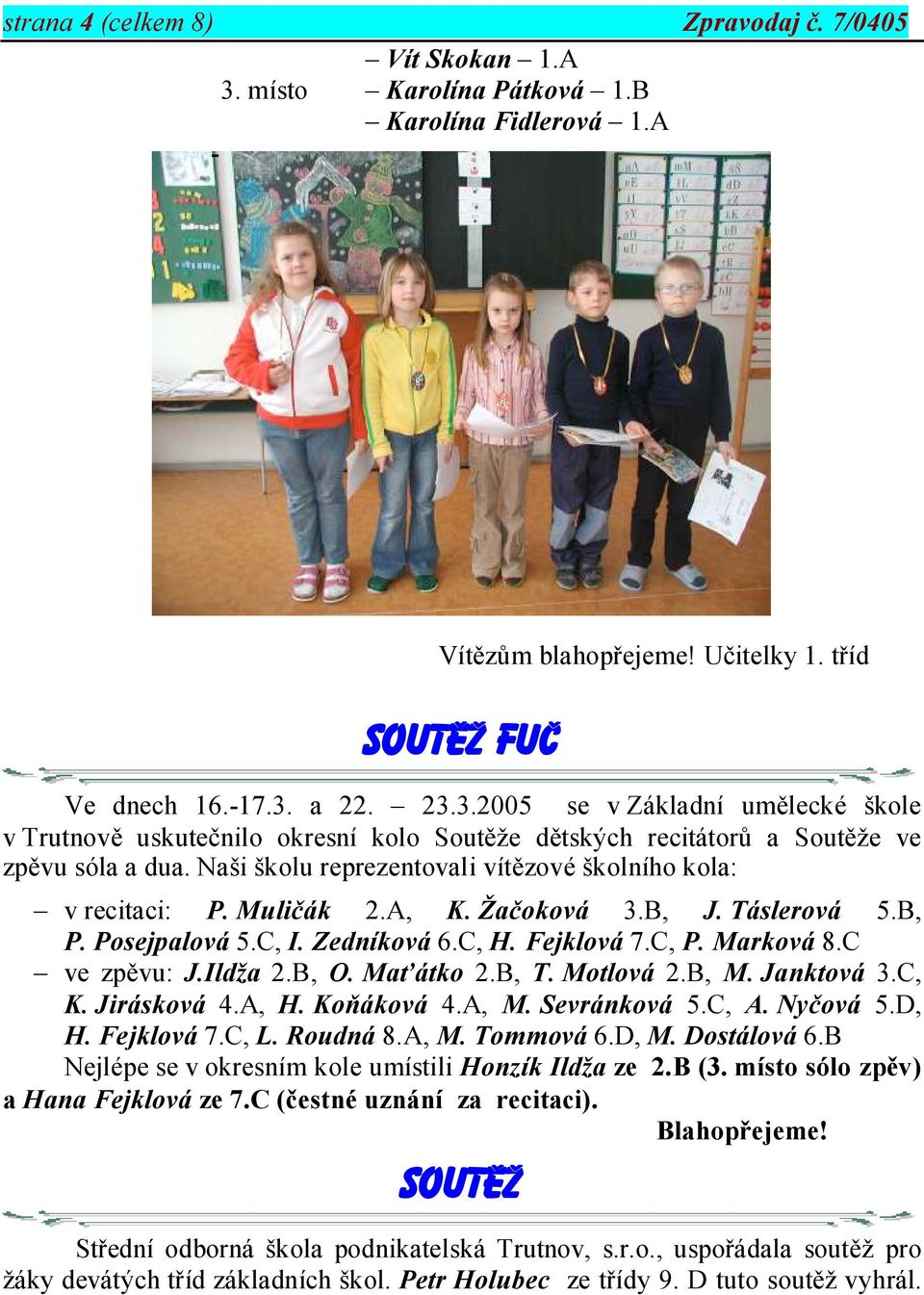 Ildža 2.B, O. Maťátko 2.B, T. Motlová 2.B, M. Janktová 3.C, K. Jirásková 4.A, H. Koňáková 4.A, M. Sevránková 5.C, A. Nyčová 5.D, H. Fejklová 7.C, L. Roudná 8.A, M. Tommová 6.D, M. Dostálová 6.