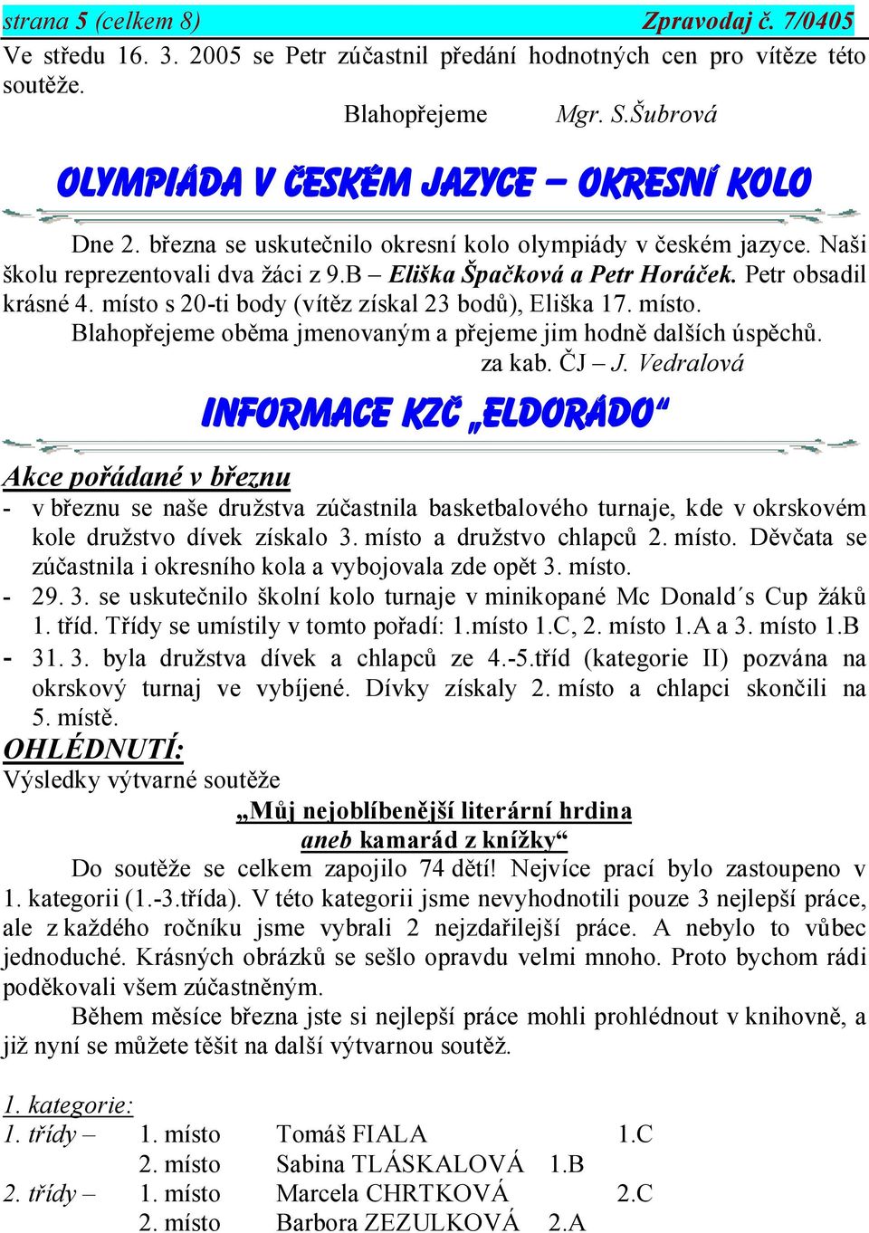 Petr obsadil krásné 4. místo s 20-ti body (vítěz získal 23 bodů), Eliška 17. místo. Blahopřejeme oběma jmenovaným a přejeme jim hodně dalších úspěchů. za kab. ČJ J.