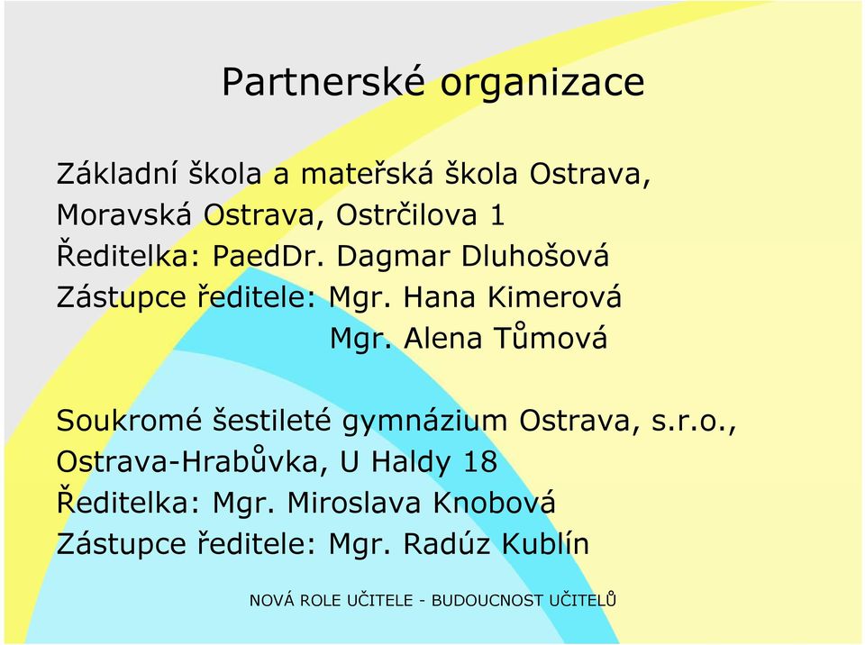 Hana Kimerová Mgr. Alena Tůmováů Soukromé šestileté gymnázium Ostrava, s.r.o., Ostrava-Hrabůvka, U Haldy 18 Ředitelka: Mgr.