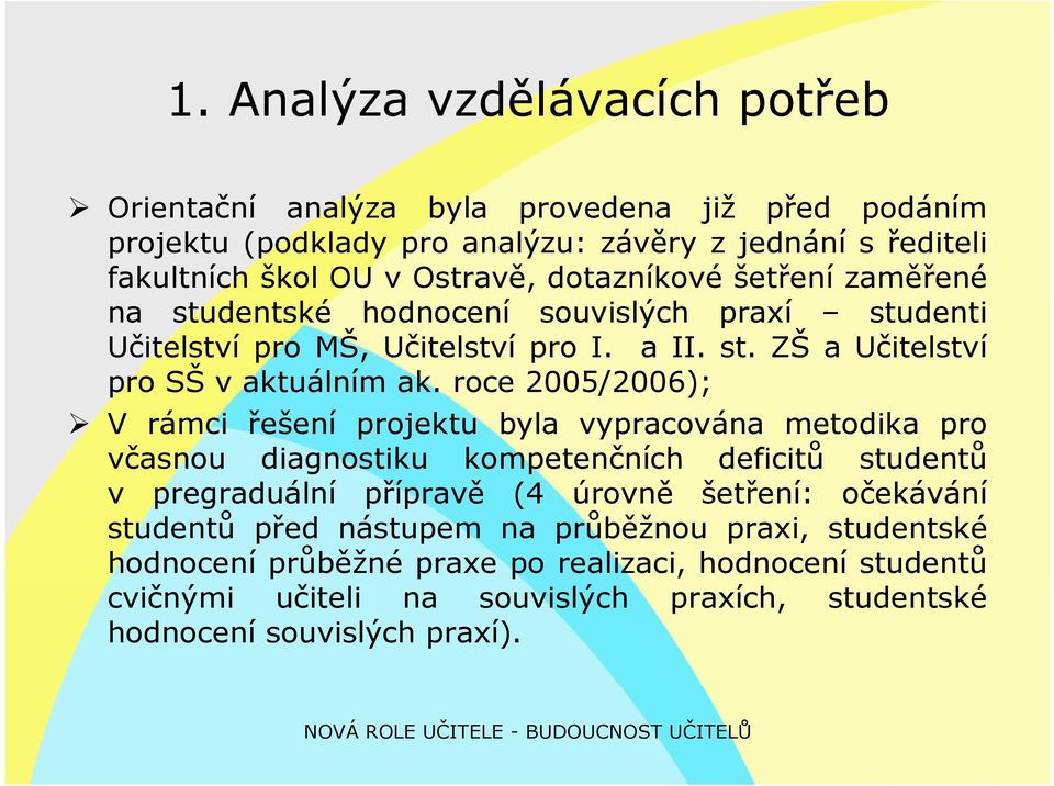 roce 2005/2006); V rámci řešení projektu byla vypracována metodika pro včasnou diagnostiku kompetenčních deficitů studentů v pregraduální přípravě (4 úrovně šetření: očekávání