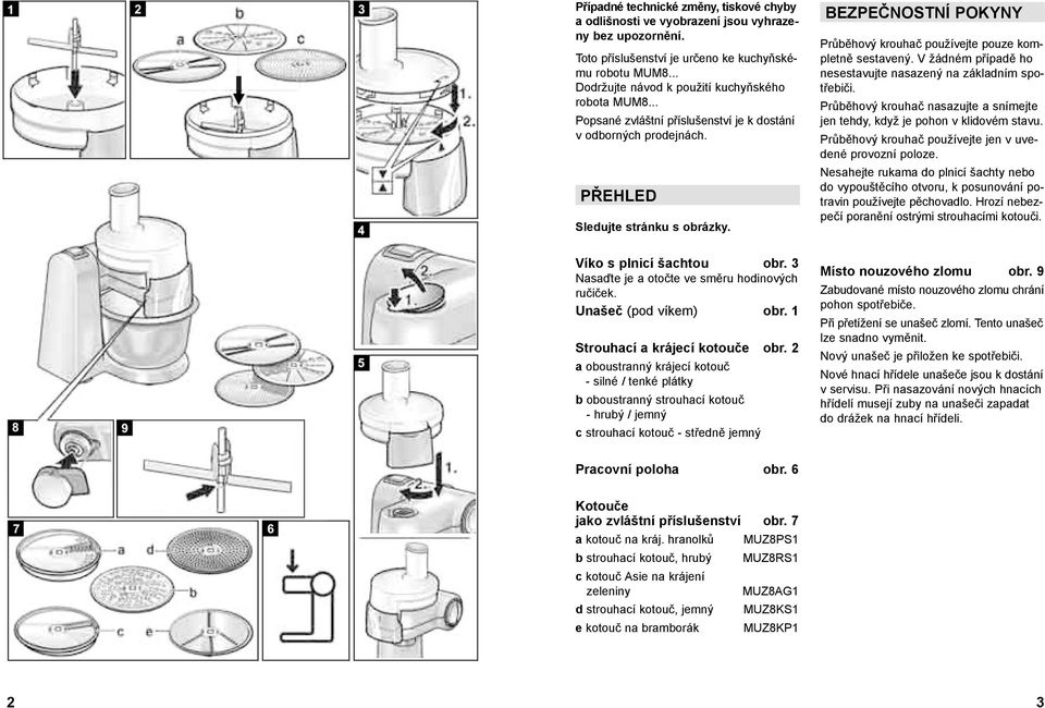 BEZPEČNOSTNÍ POKYNY Průběhový krouhač používejte pouze kompletně sestavený. V žádném případě ho nesestavujte nasazený na základním spotřebiči.