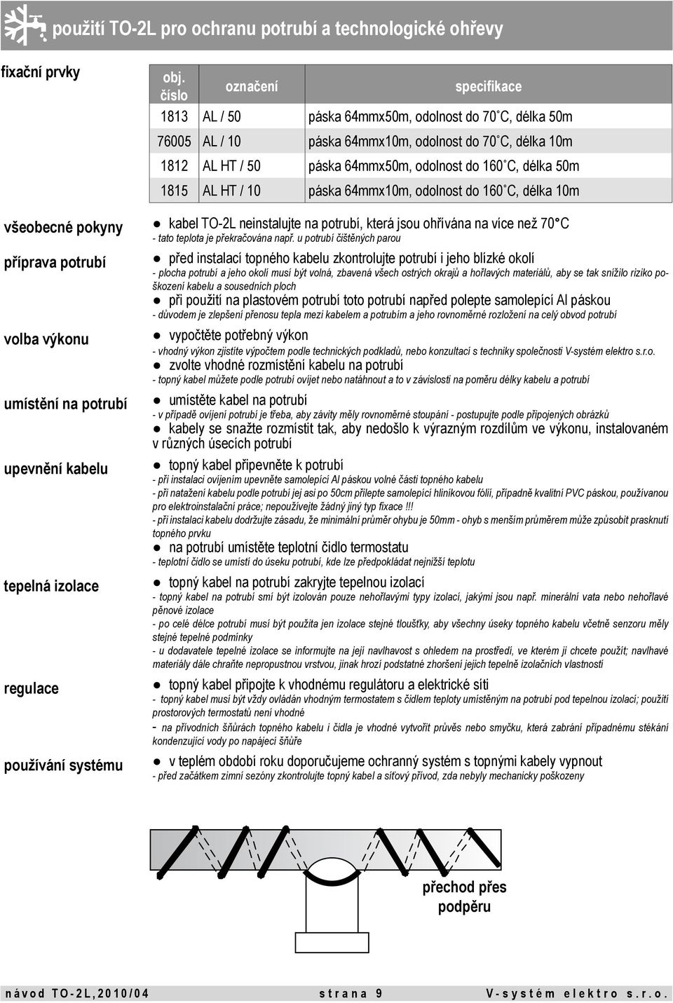 50m 1815 AL HT / 10 páska 64mmx10m, odolnost do 160 C, délka 10m všeobecné pokyny kabel TO-2L neinstalujte na potrubí, která jsou ohřívána na více než 70 C - tato teplota je překračována např.