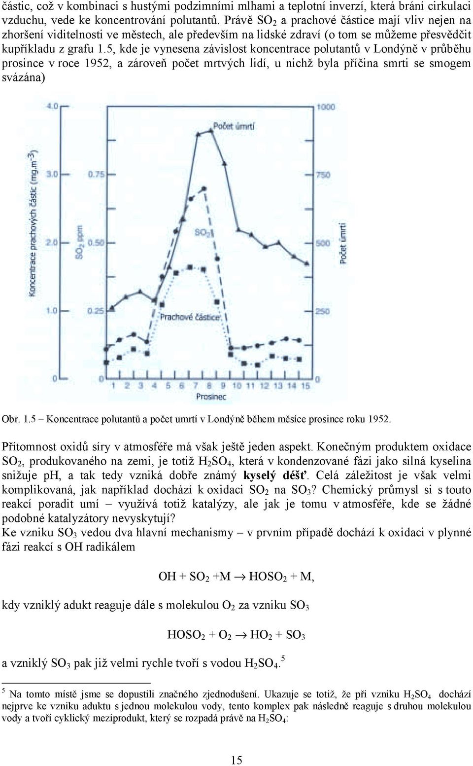 5, de je vynesena závislost oncentrace polutantů v Londýně v průběhu prosince v roce 195, a zároveň počet mrtvých lidí, u nichž byla příčina smrti se smogem svázána) Obr. 1.5 Koncentrace polutantů a počet umrtí v Londýně během měsíce prosince rou 195.