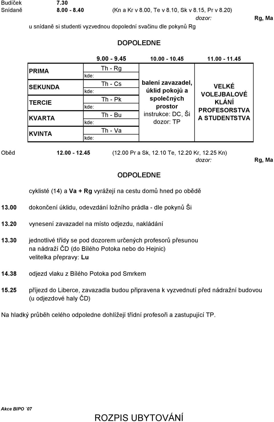 00-12.45 (12.00 Pr a Sk, 12.10 Te, 12.20 Kr, 12.25 Kn) Rg, Ma ODPOLEDNE cyklisté (14) a Va + Rg vyrážejí na cestu domů hned po obědě 13.00 13.20 13.30 14.38 15.