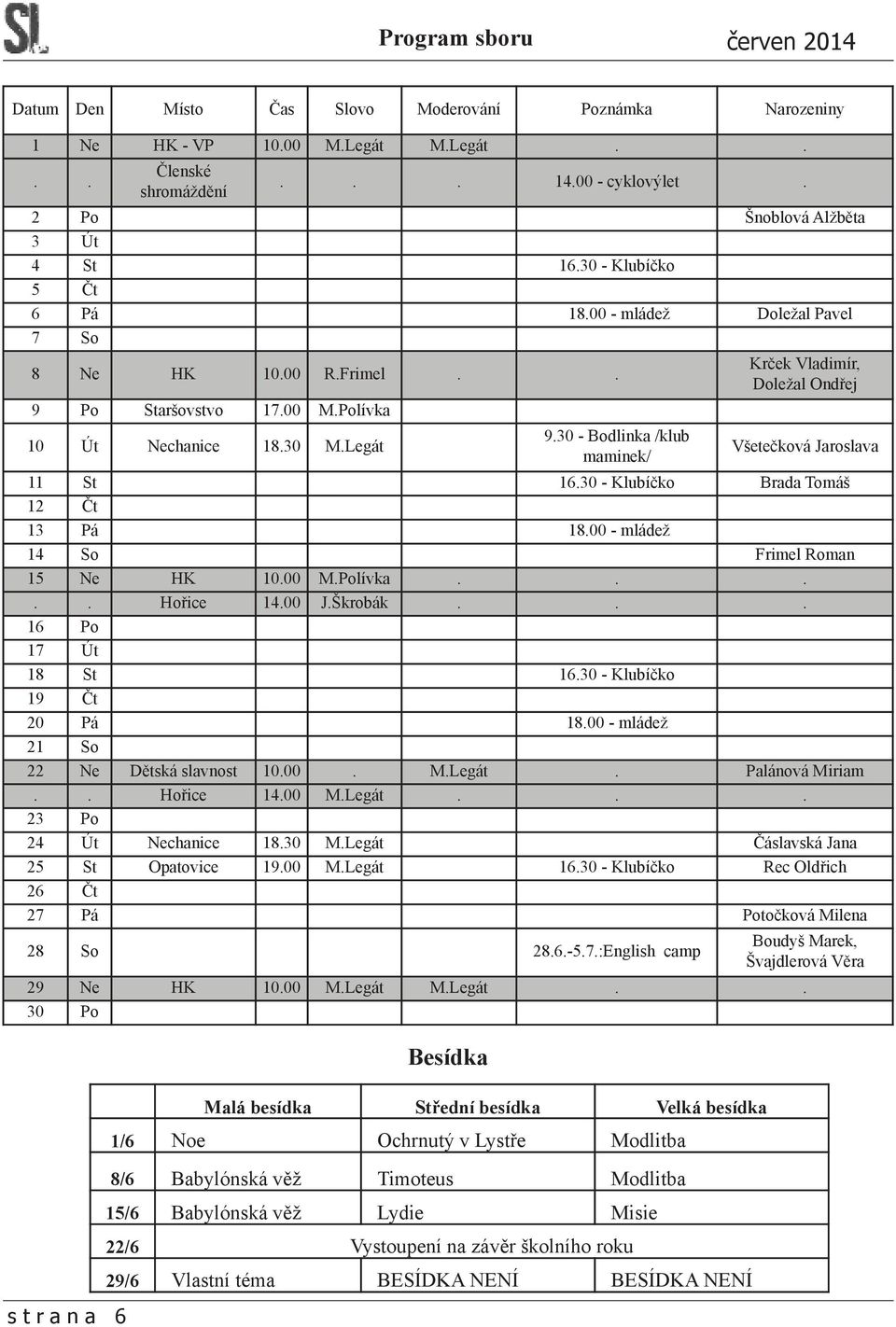 30 - Bodlinka /klub maminek/ Všetečková Jaroslava 11 St 16.30 - Klubíčko Brada Tomáš 12 Čt 13 Pá 18.00 - mládež 14 So Frimel Roman 15 Ne HK 10.00 M.Polívka..... Hořice 14.00 J.Škrobák.