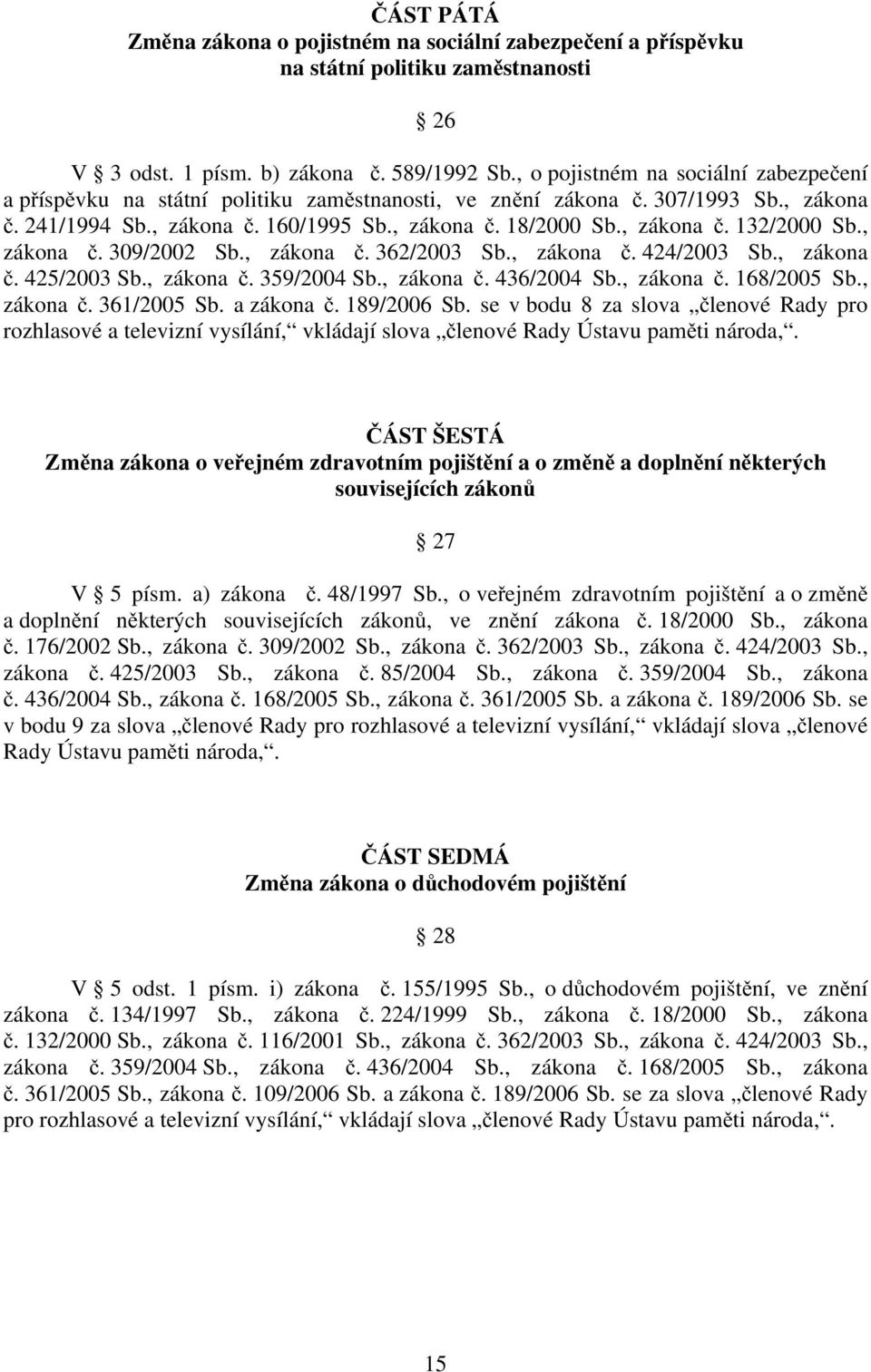 , zákona č. 309/2002 Sb., zákona č. 362/2003 Sb., zákona č. 424/2003 Sb., zákona č. 425/2003 Sb., zákona č. 359/2004 Sb., zákona č. 436/2004 Sb., zákona č. 168/2005 Sb., zákona č. 361/2005 Sb.