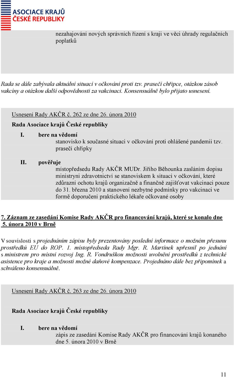 února 2010 stanovisko k současné situaci v očkování proti ohlášené pandemii tzv. prasečí chřipky pověřuje místopředsedu Rady AKČR MUDr.