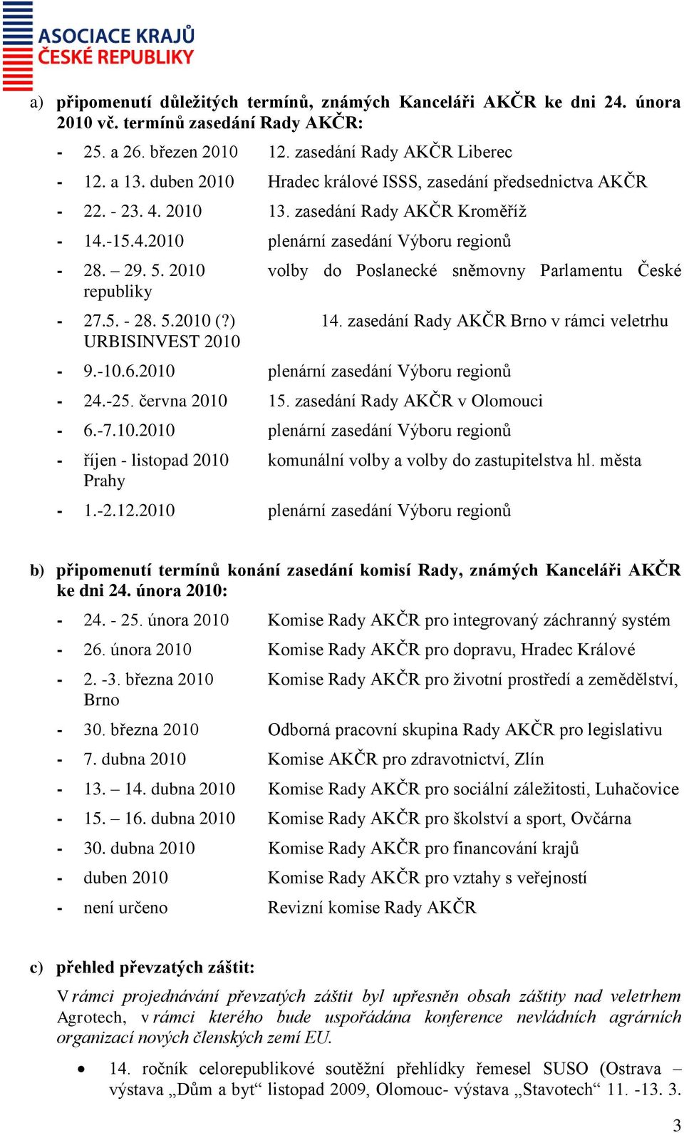 2010 volby do Poslanecké sněmovny Parlamentu České republiky - 27.5. - 28. 5.2010 (?) 14. zasedání Rady AKČR Brno v rámci veletrhu URBISINVEST 2010-9.-10.6.2010 plenární zasedání Výboru regionů - 24.