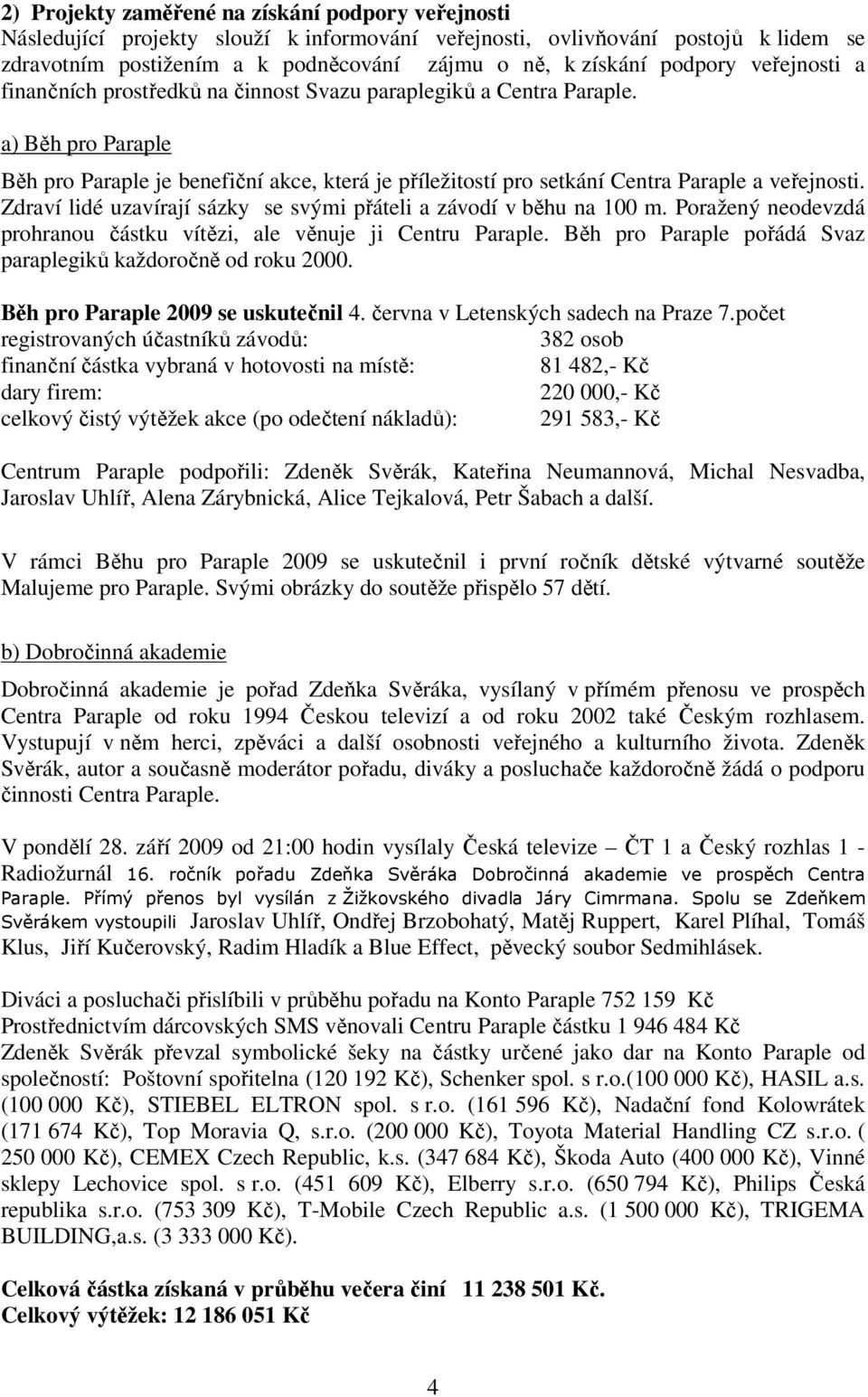 a) Běh pro Paraple Běh pro Paraple je benefiční akce, která je příležitostí pro setkání Centra Paraple a veřejnosti. Zdraví lidé uzavírají sázky se svými přáteli a závodí v běhu na 100 m.