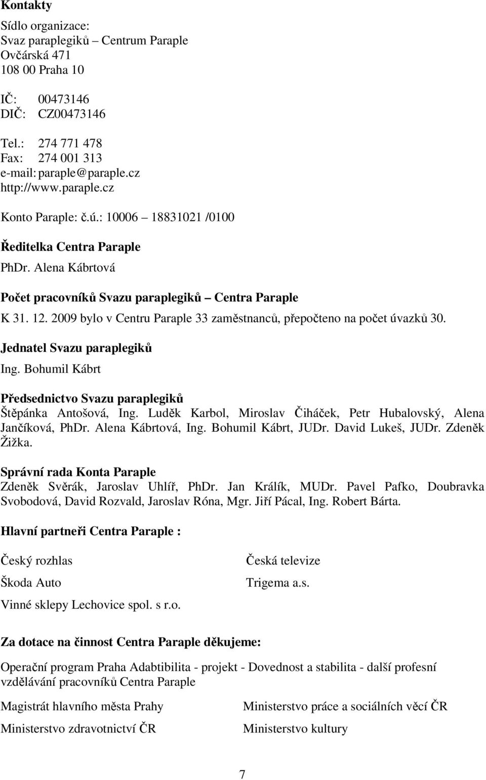 2009 bylo v Centru Paraple 33 zaměstnanců, přepočteno na počet úvazků 30. Jednatel Svazu paraplegiků Ing. Bohumil Kábrt Předsednictvo Svazu paraplegiků Štěpánka Antošová, Ing.