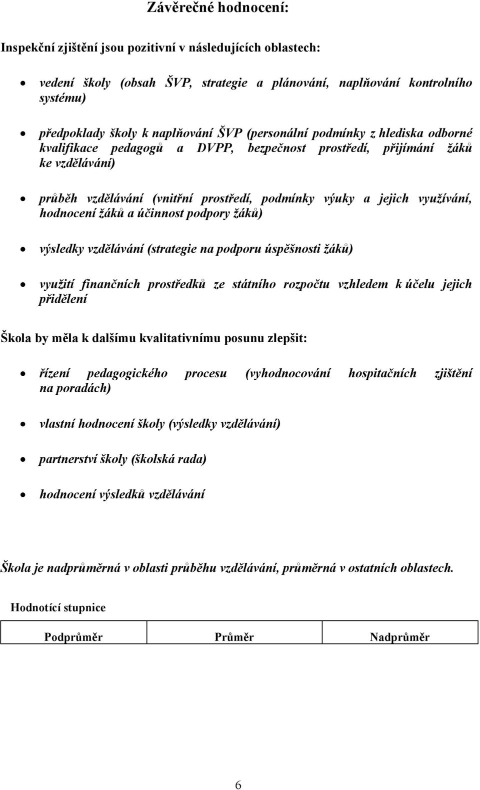 hodnocení žáků a účinnost podpory žáků) výsledky vzdělávání (strategie na podporu úspěšnosti žáků) využití finančních prostředků ze státního rozpočtu vzhledem k účelu jejich přidělení Škola by měla k