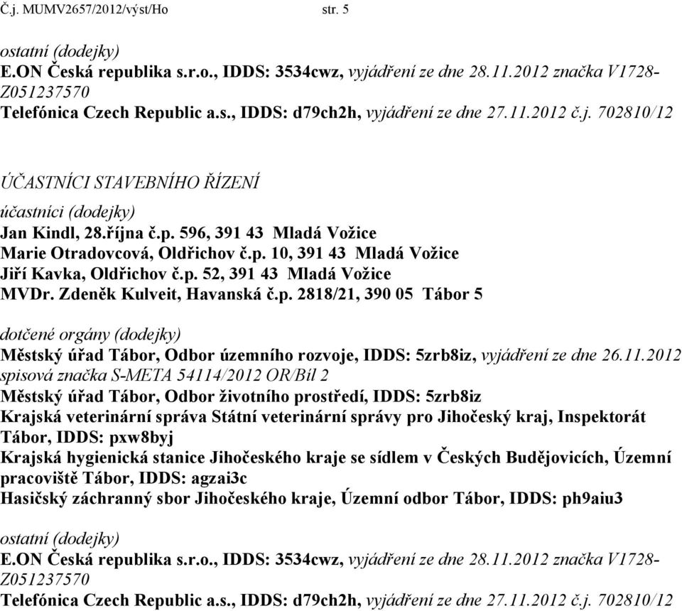 p. 52, 391 43 Mladá Vožice MVDr. Zdeněk Kulveit, Havanská č.p. 2818/21, 390 05 Tábor 5 dotčené orgány (dodejky) Městský úřad Tábor, Odbor územního rozvoje, IDDS: 5zrb8iz, vyjádření ze dne 26.11.