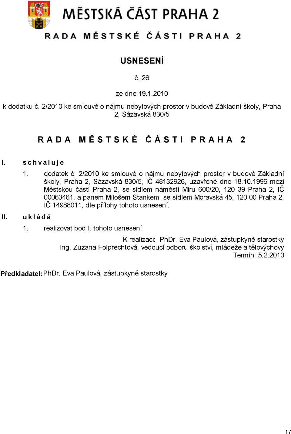 ke smlouvě o nájmu nebytových prostor v budově Základní školy, Praha 2, Sázavská 830/5, IČ 48132926, uzavřené dne 18.10.