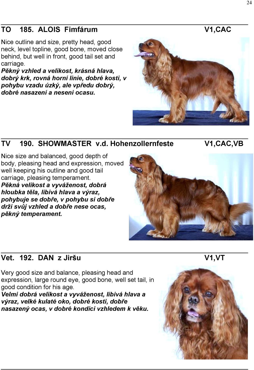 Pěkná velikost a vyváženost, dobrá hloubka těla, líbivá hlava a výraz, pohybuje se dobře, v pohybu si dobře drží svůj vzhled a dobře nese ocas, pěkný temperament. Vet. 192.