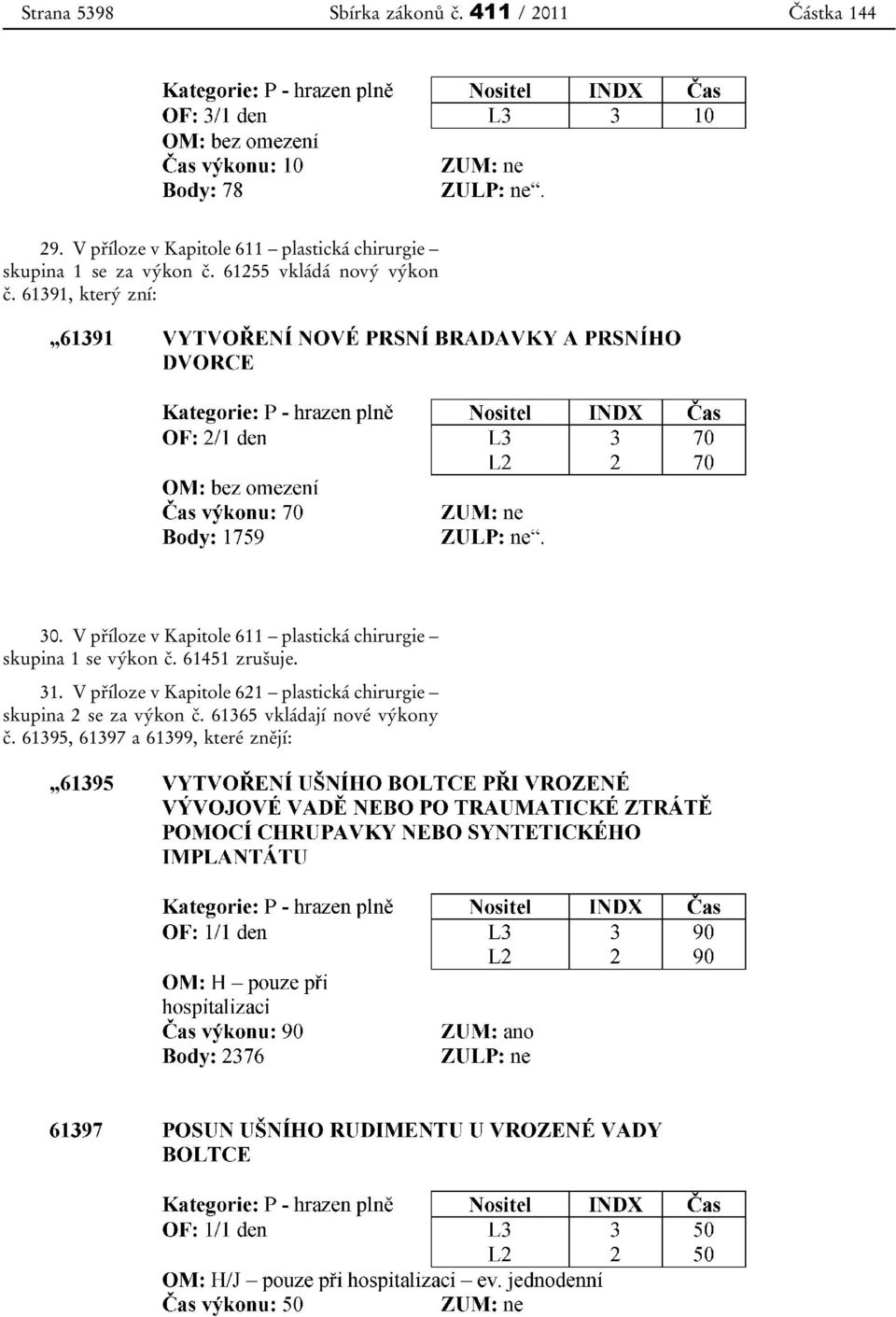 61391, který zní: 30. V příloze v Kapitole 611 plastická chirurgie skupina 1 se výkon č.