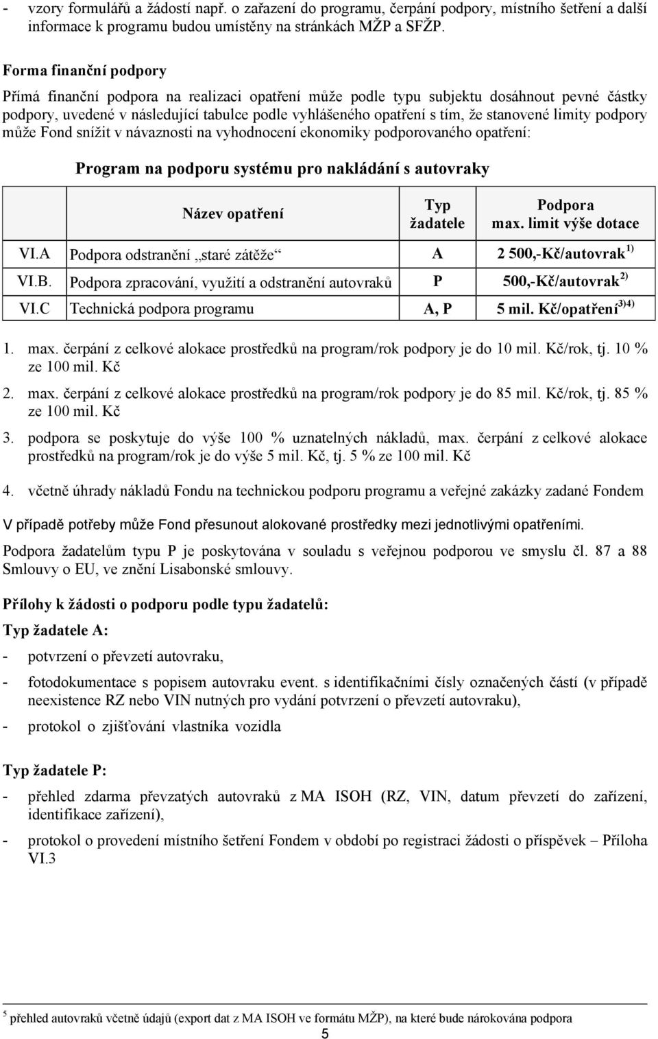 stanovené limity podpory může Fond snížit v návaznosti na vyhodnocení ekonomiky podporovaného opatření: Program na podporu systému pro nakládání s autovraky Název opatření Typ žadatele Podpora max.