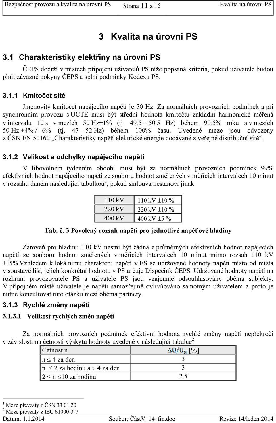 Za normálních provozních podmínek a při synchronním provozu s UCTE musí být střední hodnota kmitočtu základní harmonické měřená v intervalu 10 s v mezích 50 Hz1% (tj. 49.5 50.5 Hz) během 99.