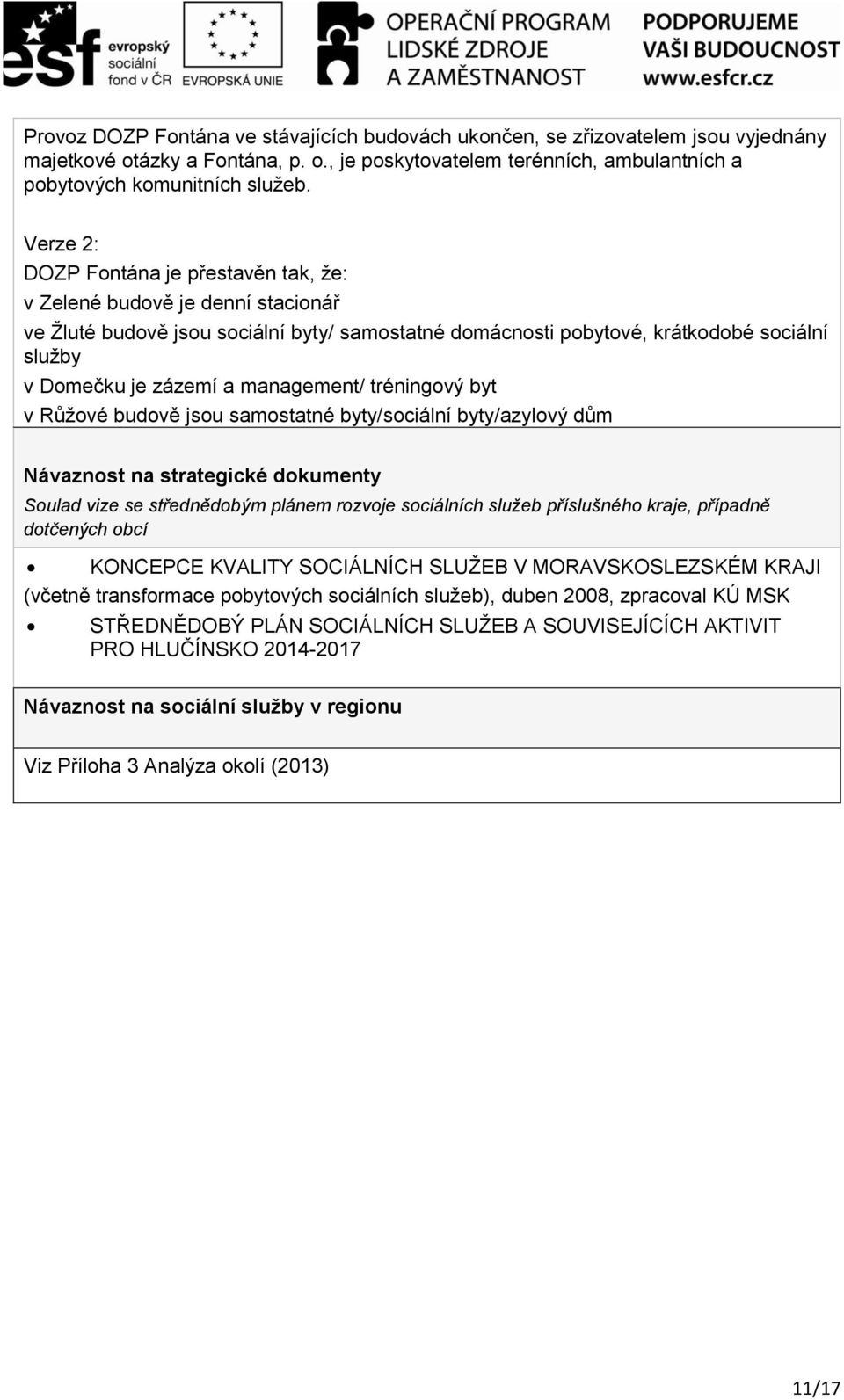 management/ tréningový byt v Růžové budově jsou samostatné byty/sociální byty/azylový dům Návaznost na strategické dokumenty Soulad vize se střednědobým plánem rozvoje sociálních služeb příslušného