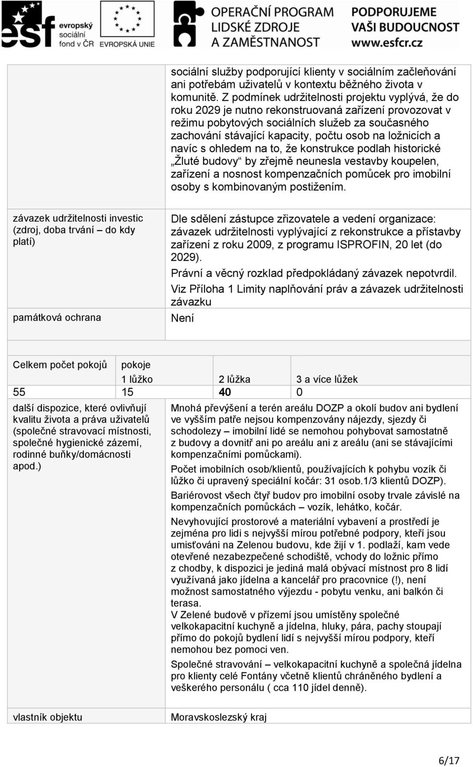 ložnicích a navíc s ohledem na to, že konstrukce podlah historické Žluté budovy by zřejmě neunesla vestavby koupelen, zařízení a nosnost kompenzačních pomůcek pro imobilní osoby s kombinovaným