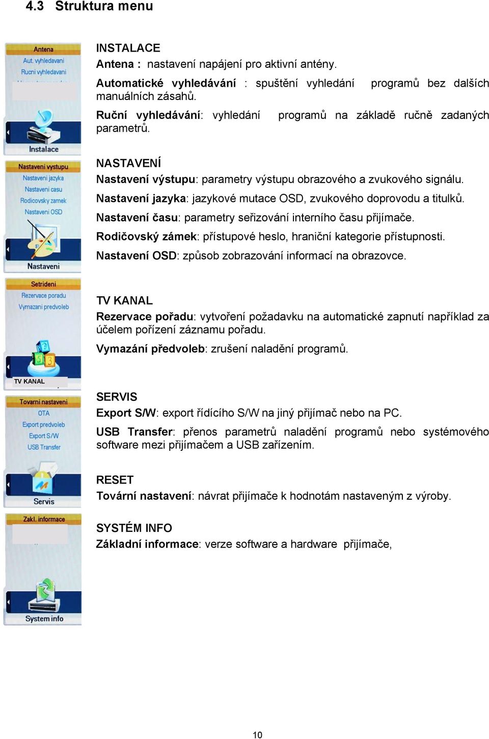 Nastavení jazyka: jazykové mutace OSD, zvukového doprovodu a titulků. Nastavení času: parametry seřizování interního času přijímače.