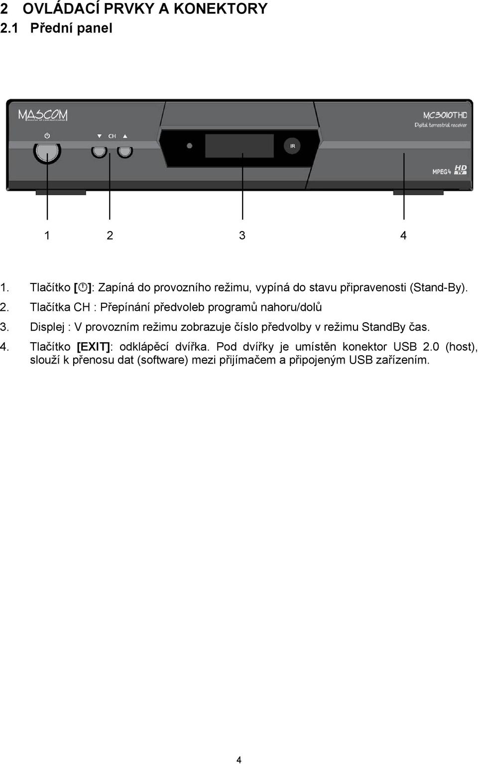 Tlačítka CH : Přepínání předvoleb programů nahoru/dolů 3.