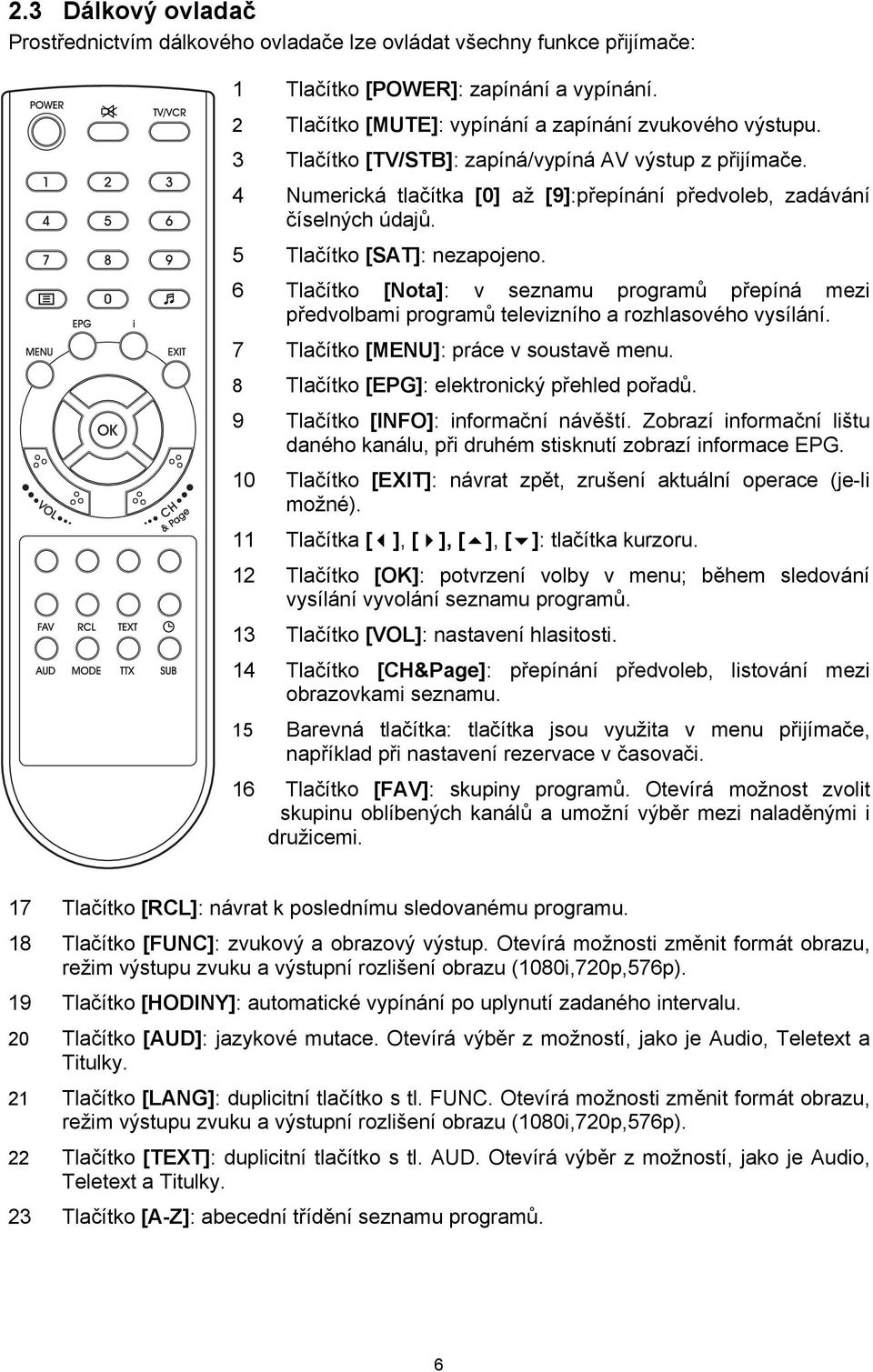 6 Tlačítko [Nota]: v seznamu programů přepíná mezi předvolbami programů televizního a rozhlasového vysílání. 7 Tlačítko [MENU]: práce v soustavě menu. 8 Tlačítko [EPG]: elektronický přehled pořadů.