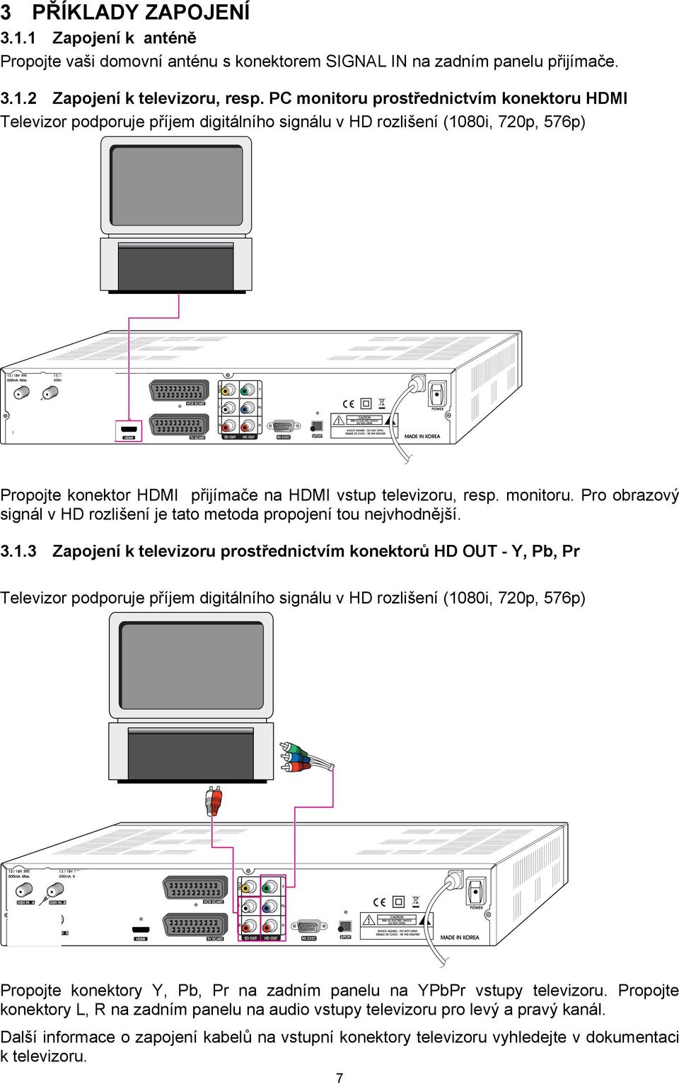 3.1.3 Zapojení k televizoru prostřednictvím konektorů HD OUT - Y, Pb, Pr Televizor podporuje příjem digitálního signálu v HD rozlišení (1080i, 720p, 576p) Propojte konektory Y, Pb, Pr na zadním