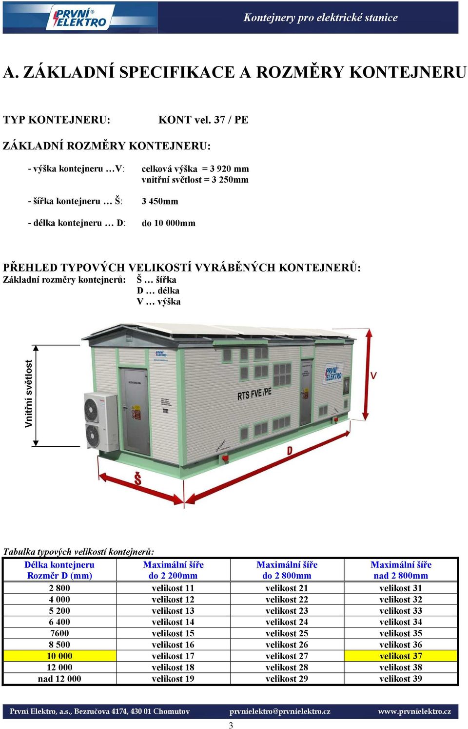 VELIKOSTÍ VYRÁBĚNÝCH KONTEJNERŮ: Základní rozměry kontejnerů: Š šířka D délka V výška Vnitřní světlost Tabulka typových velikostí kontejnerů: Délka kontejneru Rozměr D (mm) Maximální šíře do 2 200mm