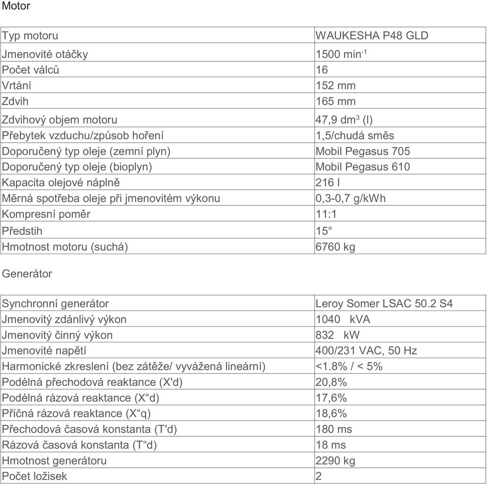 edstih 15 Hmotnost motoru (suchá) 6760 kg Generátor Synchronní generátor Leroy Somer LSAC 50.