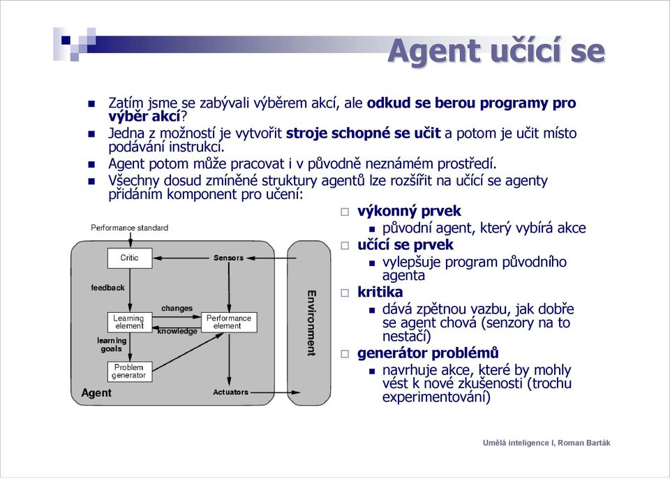 Všechny dosud zmíněné struktury agentů lze rozšířit na učící se agenty přidáním komponent pro učení: výkonný prvek původní agent, který vybírá akce učící